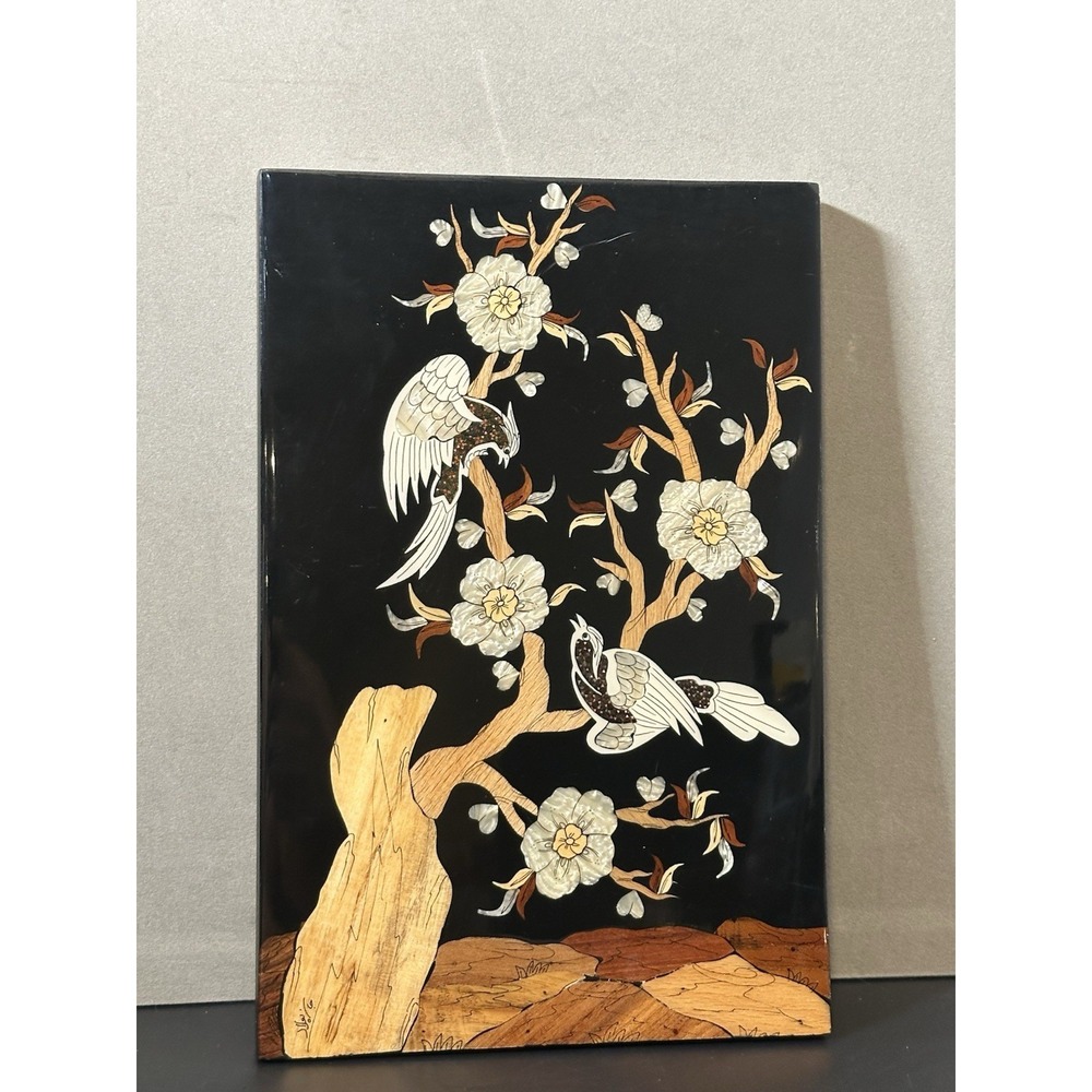 wall décor Signed mother of pearl and wood inlaid picture of birds‎